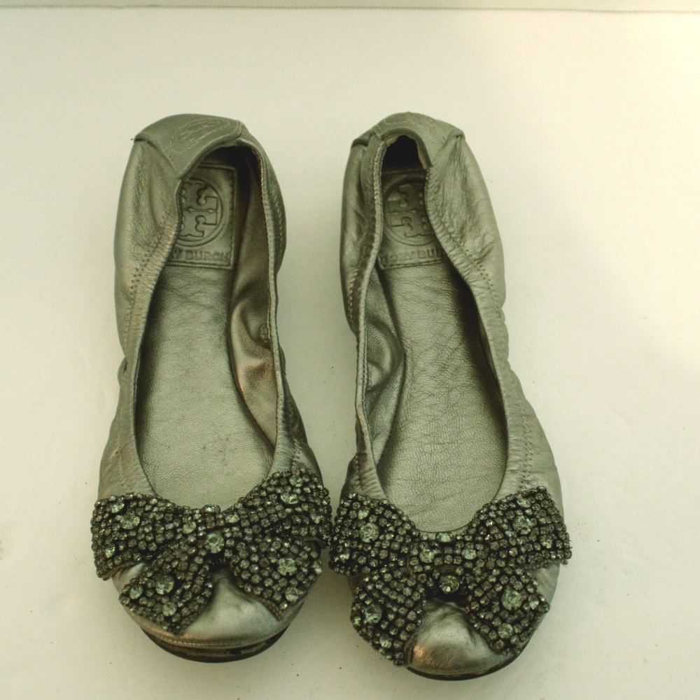 Tory Burch Metallic  Crystal Bow Ballet Flats
